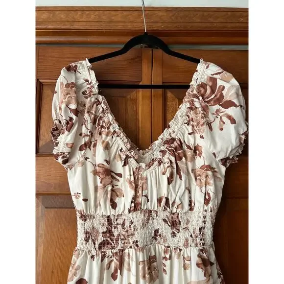 Abercrombie & Fitch Women's Brown Floral Smocked Puff Sleeve Midi Dress Size LT - Picture 3 of 11